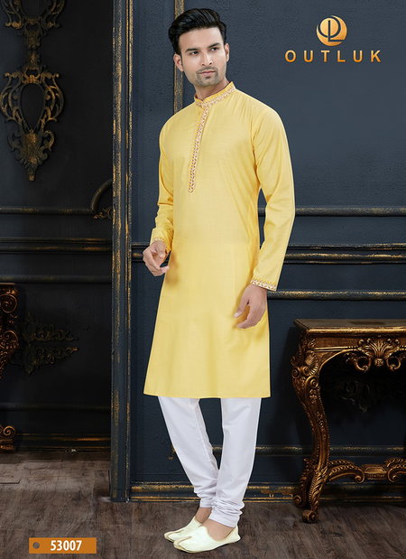 Yellow Colour Outluk Vol 53 New Designer Festive Wear Cotton Latest Kurta Pajama Mens Collection 53007